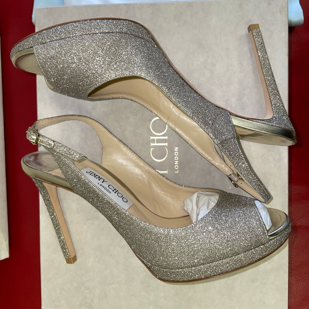 Jimmy Choo- Nova Peep-Toe Glitter Leather Slingback Platform Pumps; Size: 39.5